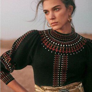 EUC Sezane Rio Puff Sleeve Tribal Print Jacquard Sweater Back Rust XS